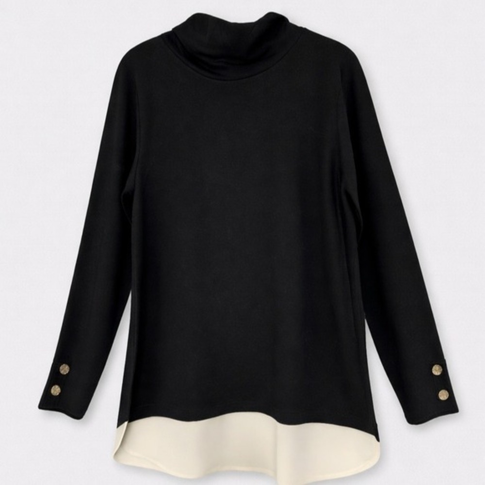 Jones New York Layered Mock Neck Tunic Top Women M Black Gold Button Long Sleeve